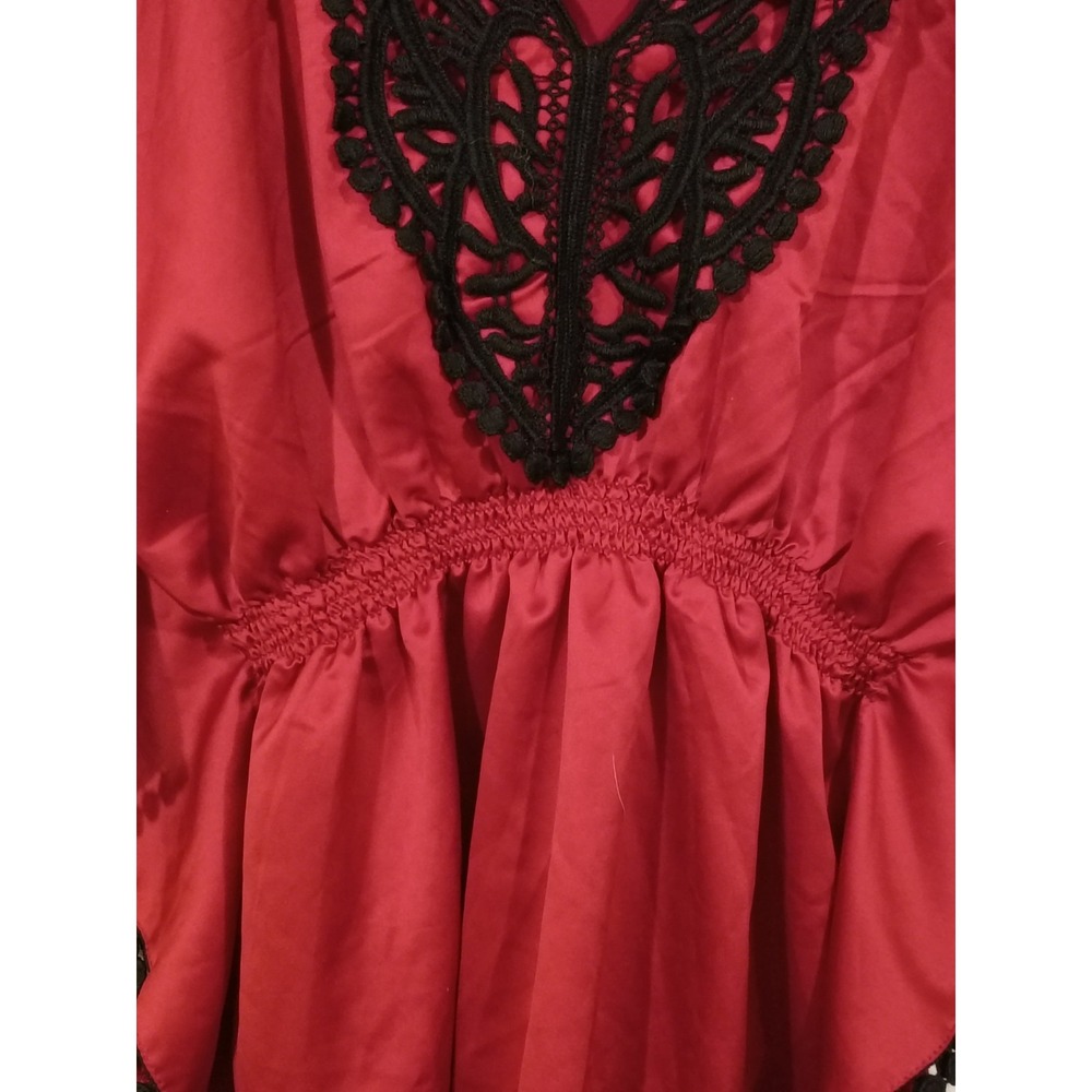 Takara Women's Red Kaftan Top With Black Lace Trim Cinched Elastic Waist Size L - Picture 4 of 7